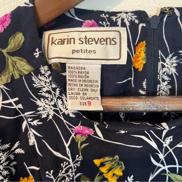 Vintage Karin Stevens Floral Short Sleeve Midi Dress Button Middle Puff Sleeve - Picture 7 of 14